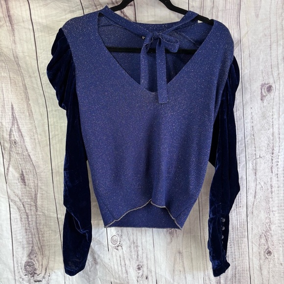FREE PEOPLE LUREX BLUE VELVET PUFF SLEEVE SWEATER SIZE LARGE - Picture 1 of 7